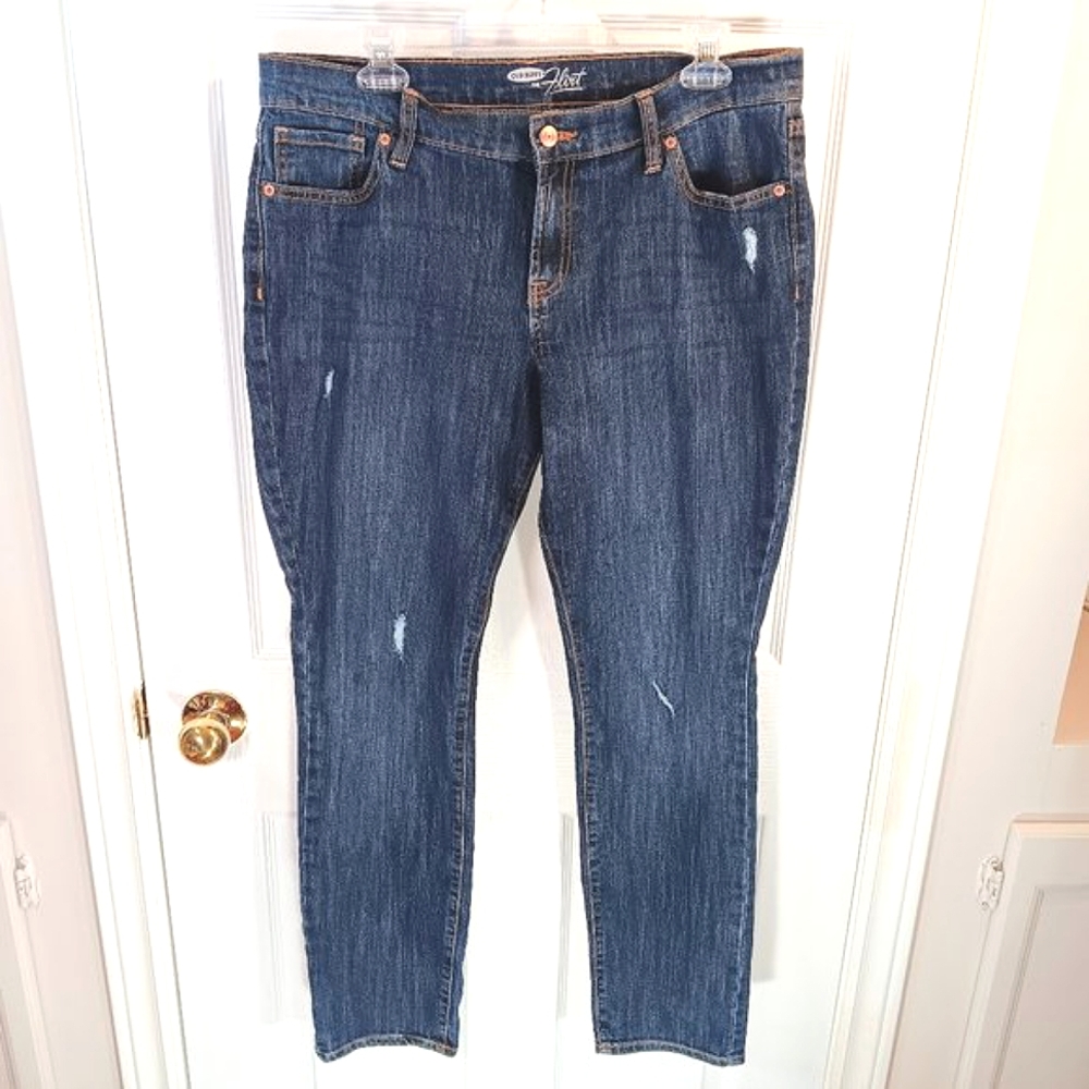Old Navy Flirt Straight Leg Jeans Medium Wash Blue Distressed Size 12 Stretch